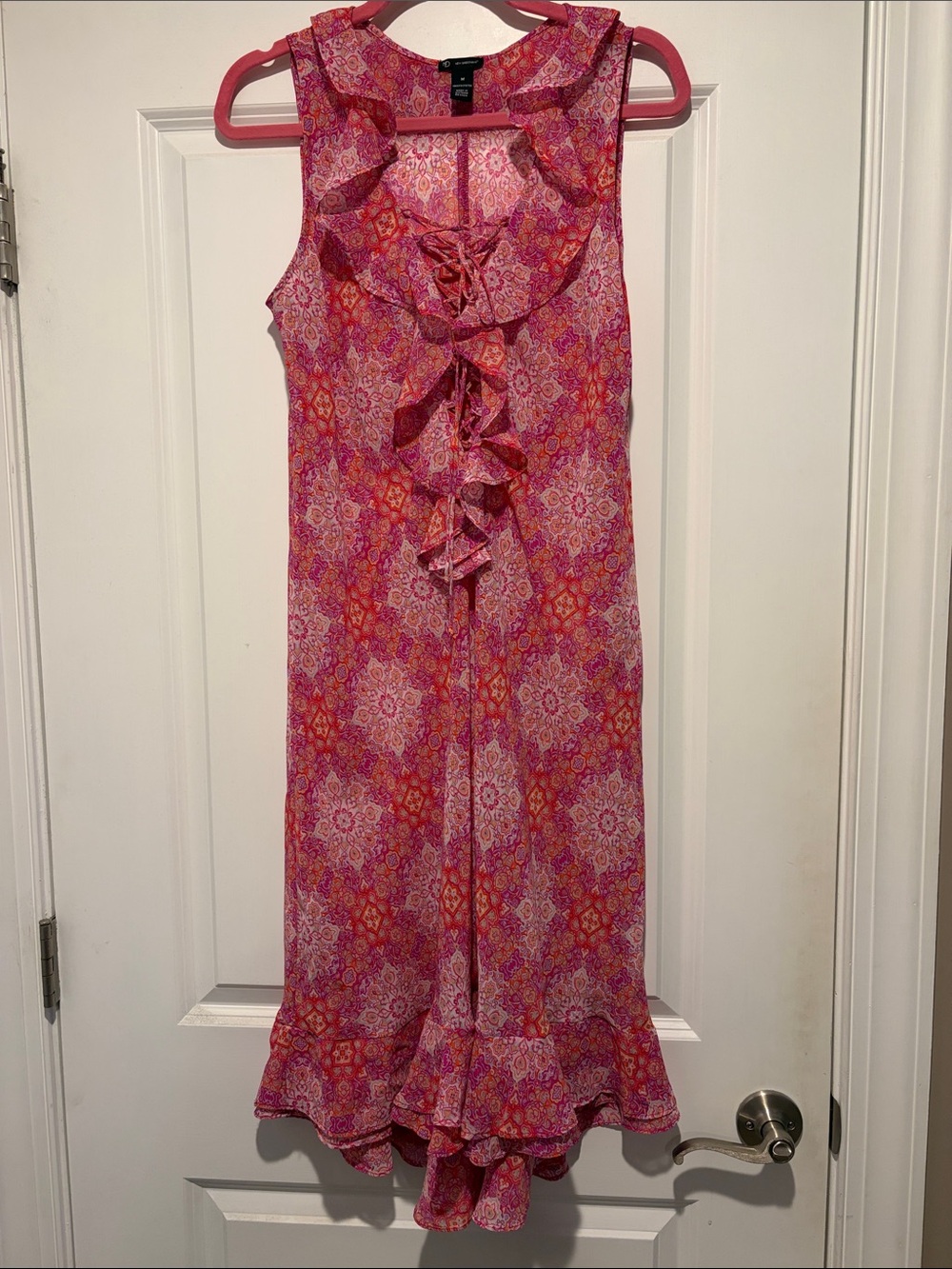 Like NEW Pink Patterned Ruffle Front Sleeveless Dress M